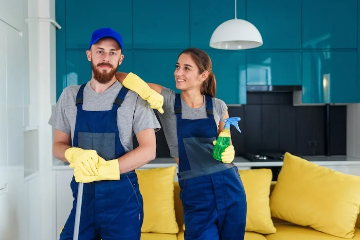 smiling handsome man attractive young woman as professional cleaners stay together contemporary cuisine with detergents 141188 2596